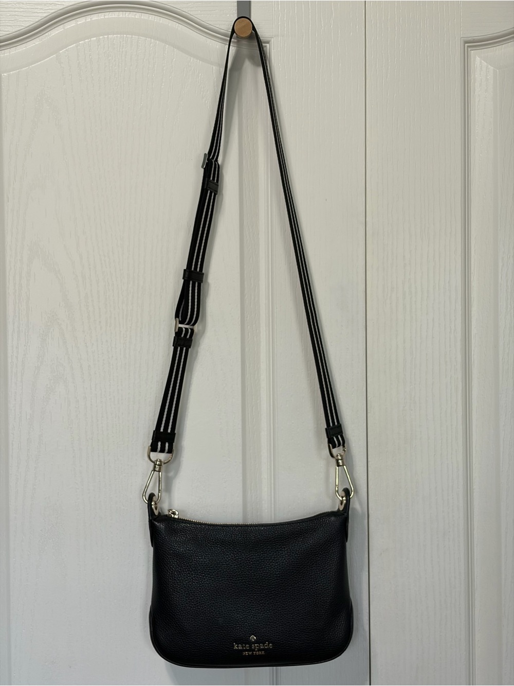 kate spade Black Pebbled Leather Crossbody with Striped Strap Medium Rosie - Picture 2 of 11
